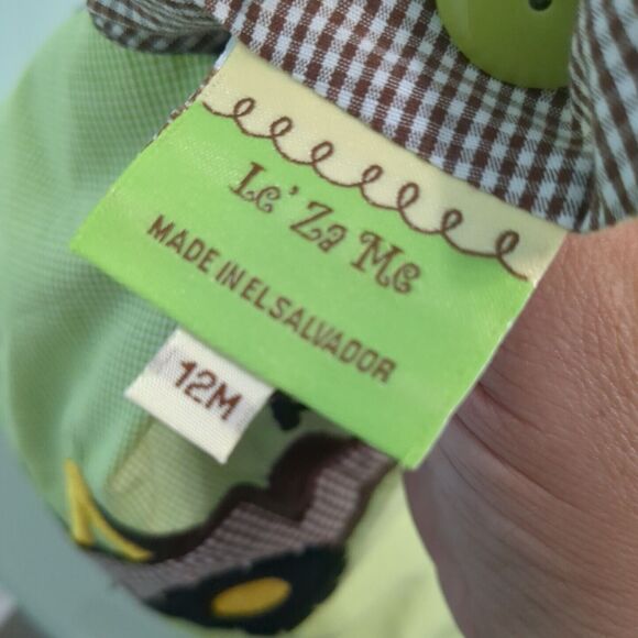 Le za me Boys Overalls Romper One Piece jeep applique 12M green plaid - Picture 4 of 4